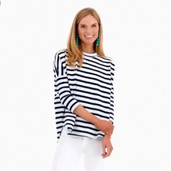 Toss Designs Small Nautical Blue & White Striped 3/4 Sleeve High-Low Sweater - Picture 1 of 10